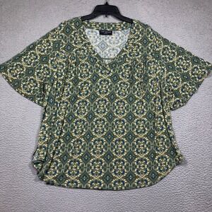 Lane‎ Bryant Top Women's Plus 22/24 Green Print Short Sleeve V Neck Stretch